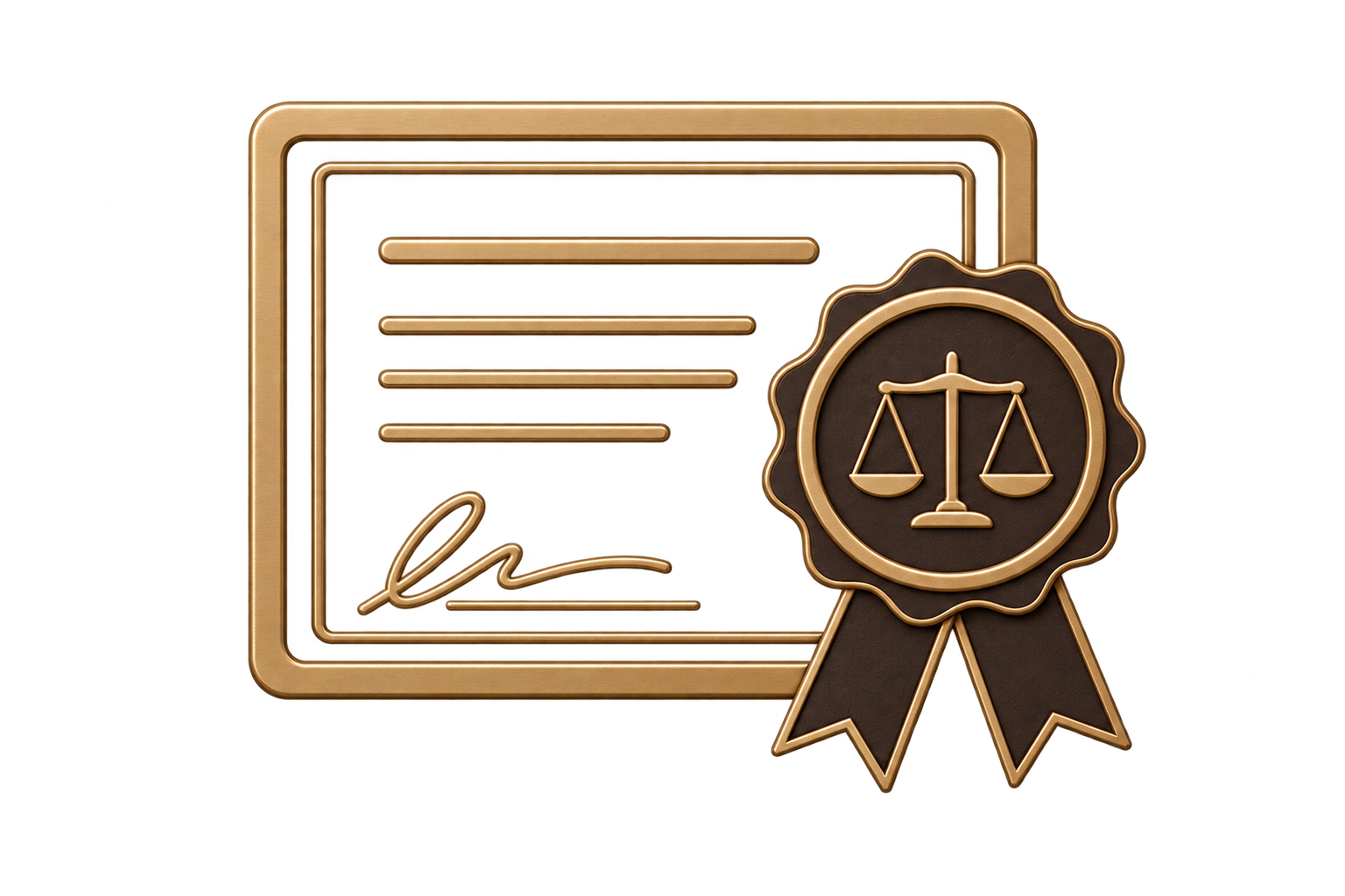 A gold-colored certificate with a signature line and text, featuring a black and gold seals with a scale of justice symbol in the center, indicating legal or certification approval.
