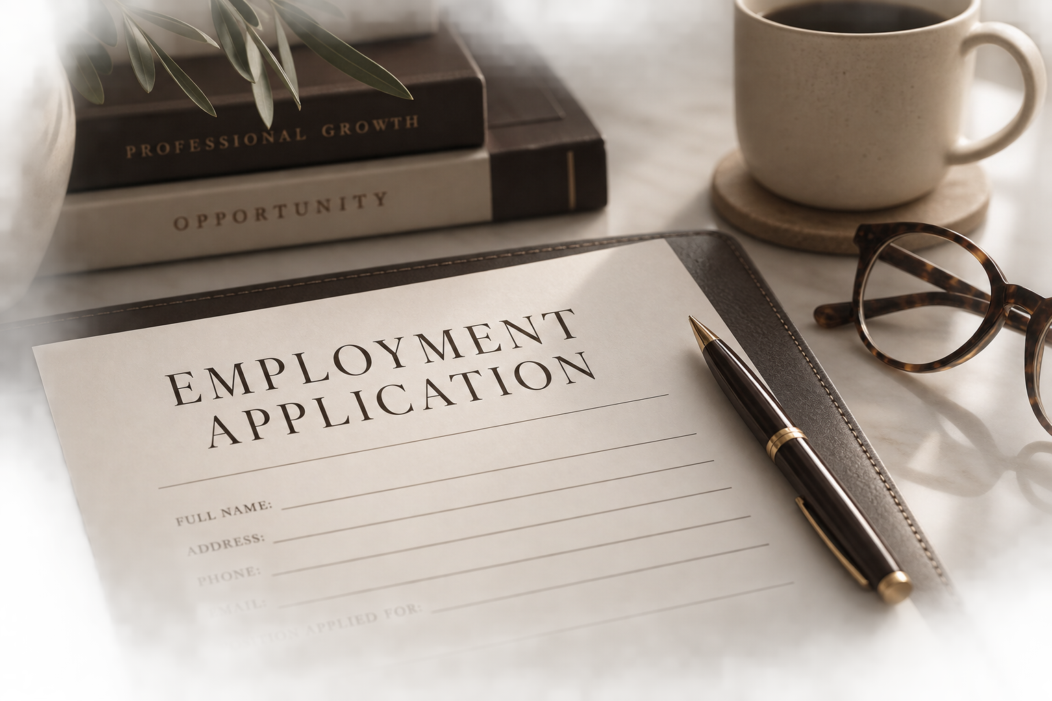 An employment application form on a clipboard with a pen, glasses, a cup of coffee, a plant, and books in the background.