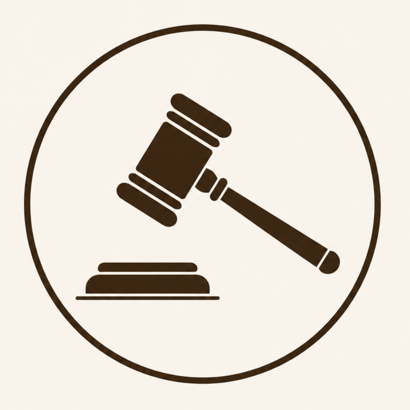 Icon of a judge's gavel inside a circle, symbolizing law or legal proceedings.