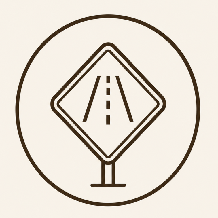 Traffic sign indicating a road narrows ahead.