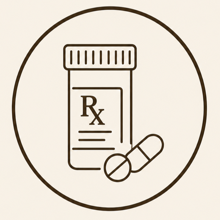 Line drawing of a prescription pill bottle and two capsules inside a circle.