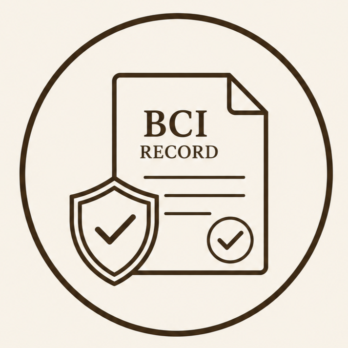 Line drawing of a BCI record document with a shield and check mark symbols, representing data security or verification.