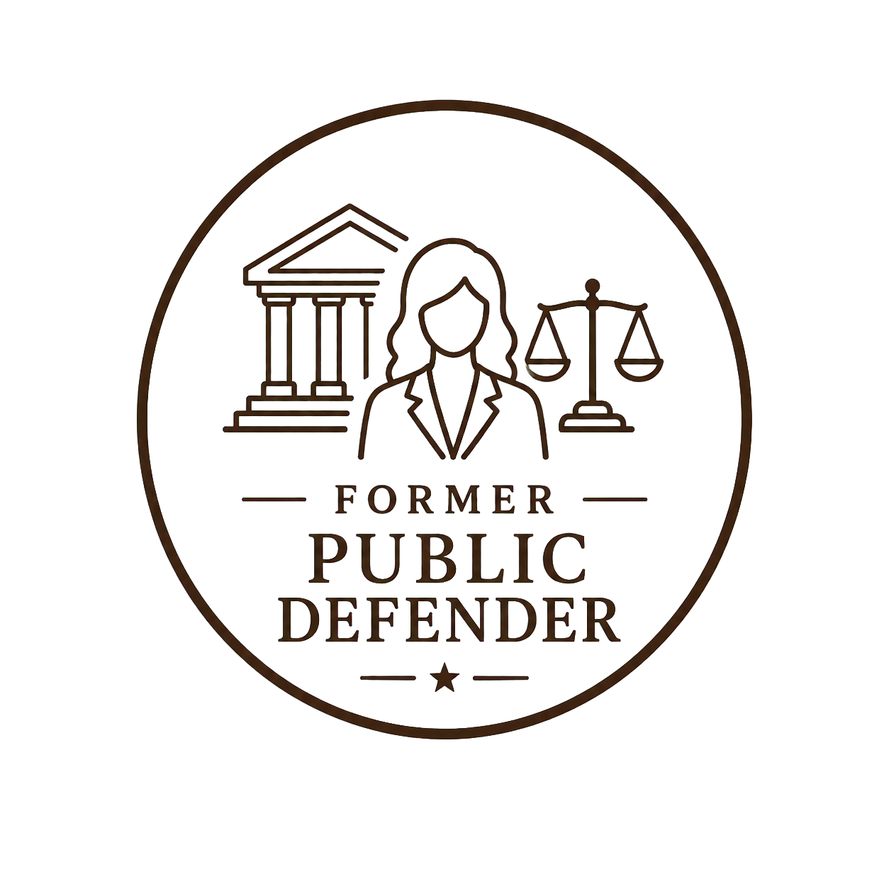 An icon featuring a woman with long hair, a courthouse with columns, and a scale of justice, with the text "Former Public Defender" underneath.