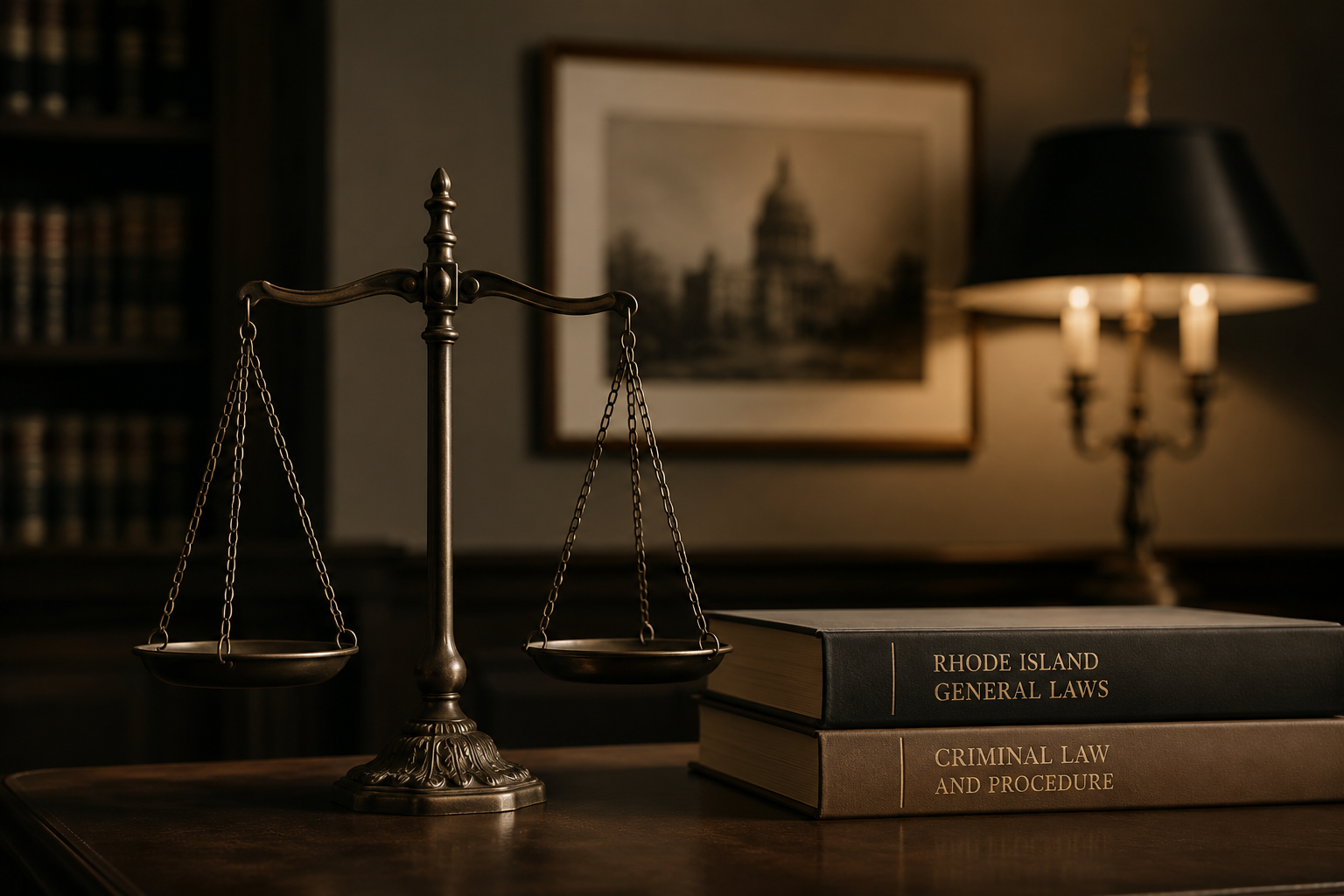 A brass balance scale resting on a wooden desk, with two legal books titled 'Rhode Island General Laws' and 'Criminal Law and Procedure' beside it. In the background, there is a framed picture of the U.S. Capitol building and a lit lamp with a black shade.