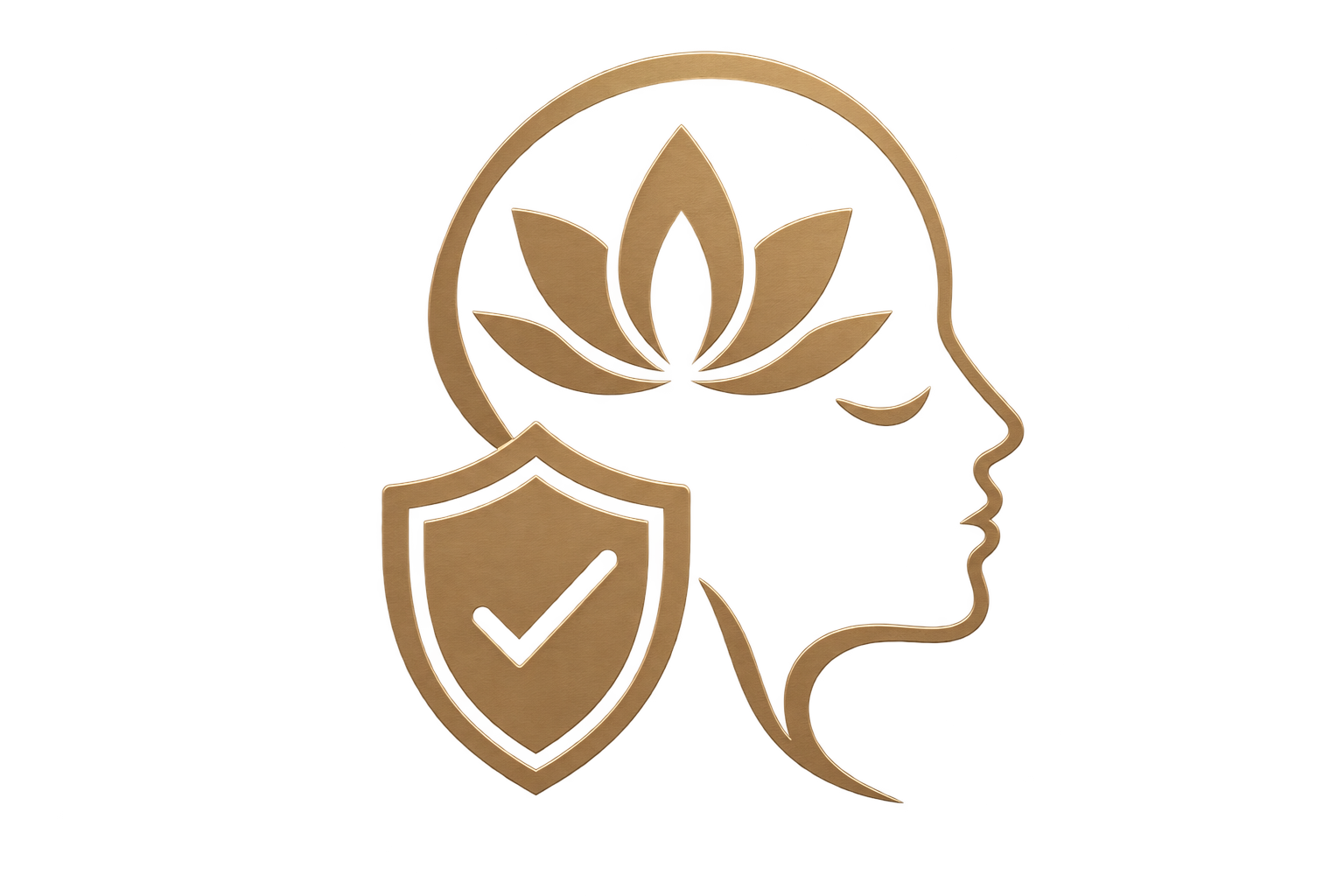 Gold neon sign featuring a human profile, a lotus flower, and a shield with a checkmark inside, representing holistic health and wellness.