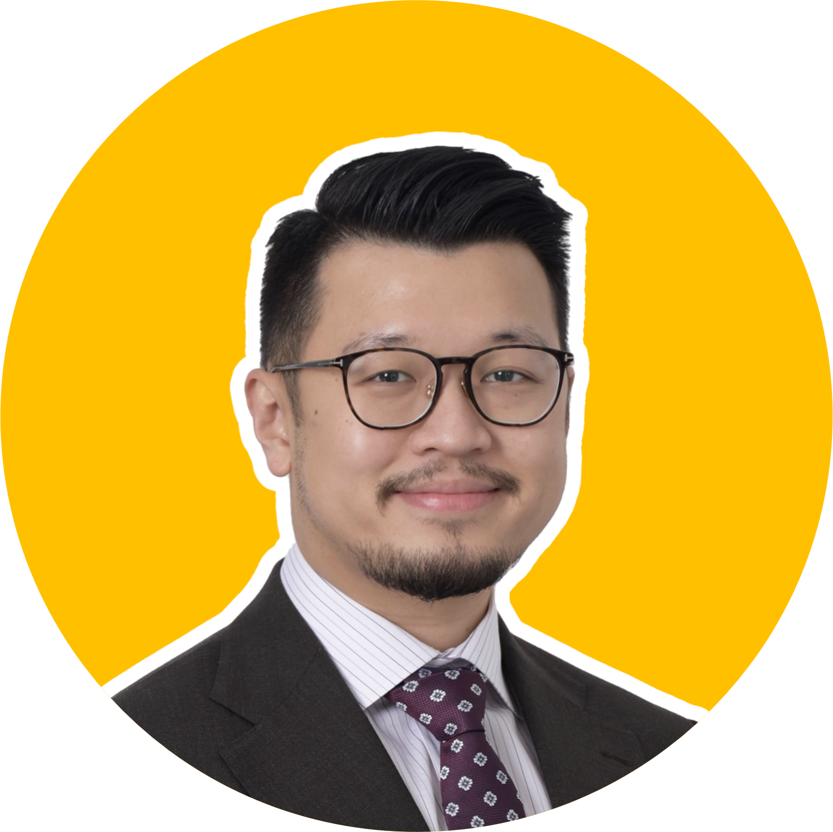 A professional headshot of a man wearing glasses, a dark suit, a light-colored shirt, and a patterned tie, against a yellow background with a white outline around his face.