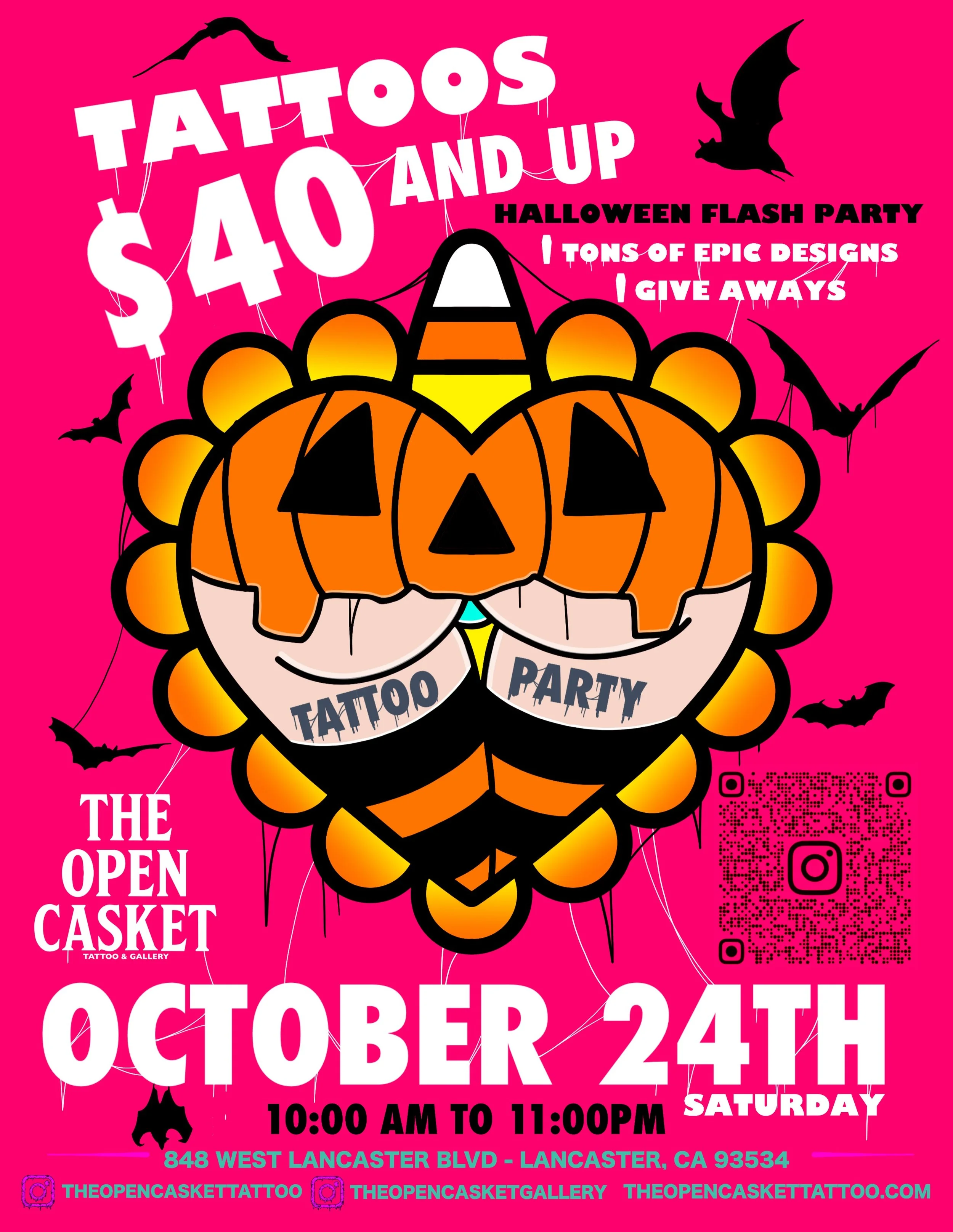 🎃 HALLOWEEN FLASH TATTOO PARTY AT THE OPEN CASKET! 🎃

We&rsquo;re throwing a MASSIVE Halloween Flash Party and you&rsquo;re invited! 🦇💀🔥

TATTOOS STARTING AT ONLY $40 &amp; UP!

Come collect a one-of-a-kind tattoo from The Open Casket crew! We&r