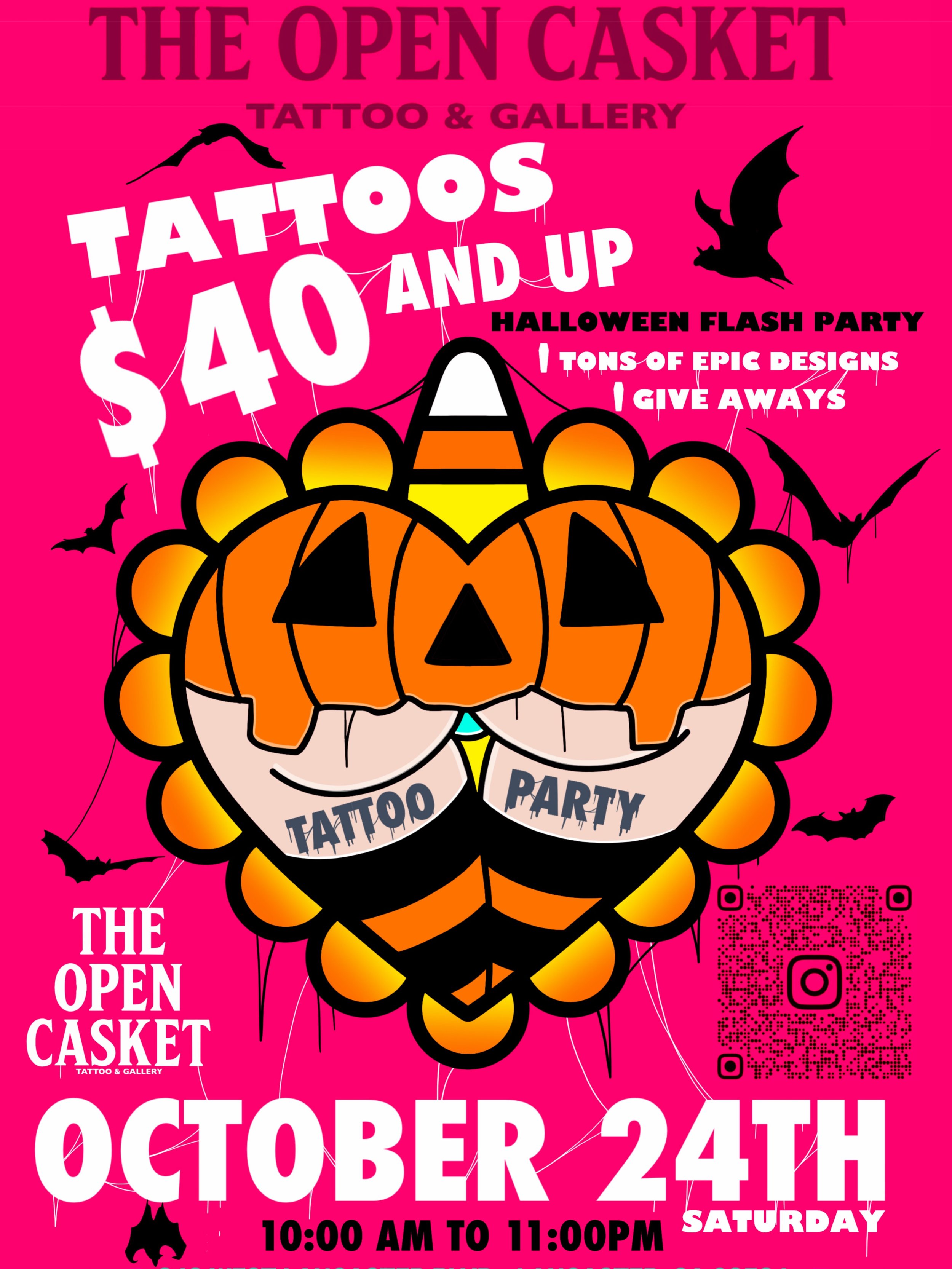 🎃 HALLOWEEN FLASH TATTOO PARTY AT THE OPEN CASKET! 🎃 THIS SATURDAY ‼️

We&rsquo;re throwing a MASSIVE Halloween Flash Party and you&rsquo;re invited! 🦇💀🔥

TATTOOS STARTING AT ONLY $40 &amp; UP!

Come collect a one-of-a-kind tattoo from The Open 