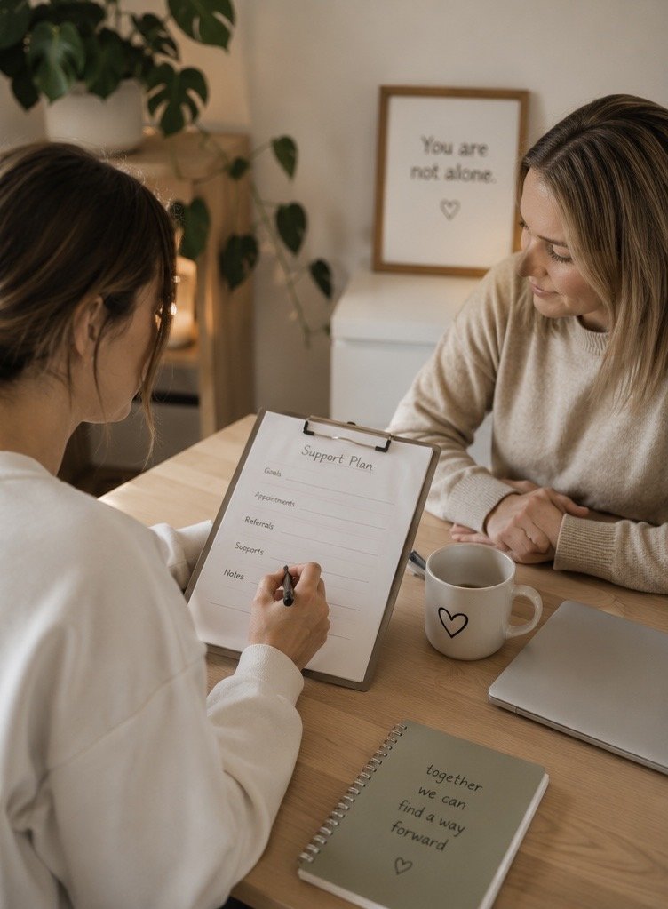 Two women sitting at a wooden table, one writing on a clipboard titled 'Support Plan' with categories such as Goals, Appointments, Referrals, Supports, and Notes, while the other looks on. There is a mug with a heart, a closed laptop, and a spiral notebook with the phrase 'together we can find a way forward' and a heart on the table. In the background, a framed sign says 'You are not alone.' against a cozy, well-lit room with a plant.