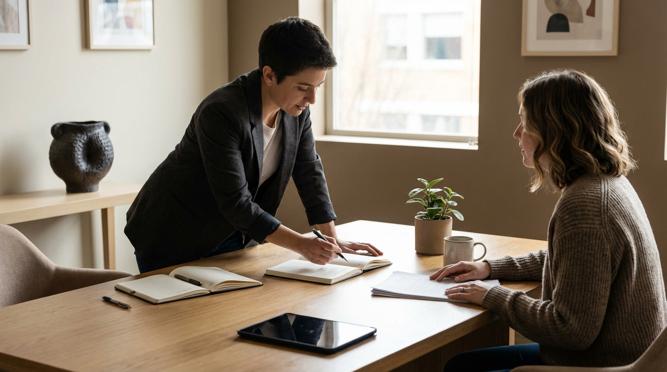 Two women in an office, one is sitting and the other is standing and writing in a notebook during a meeting.