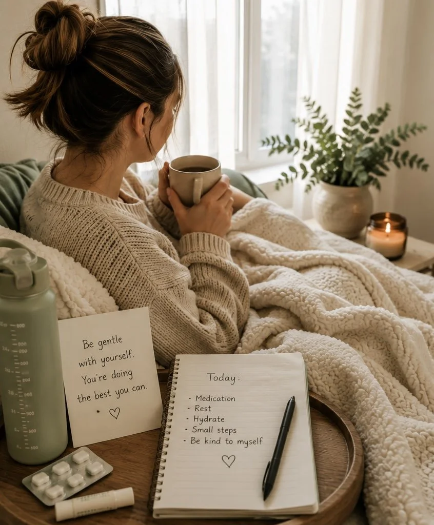 A woman sitting on a couch with a blanket, holding a mug of tea or coffee, in a cozy, softly lit room near a window. On the table nearby are a water bottle, medicine, a list with self-care tips, and a candle.