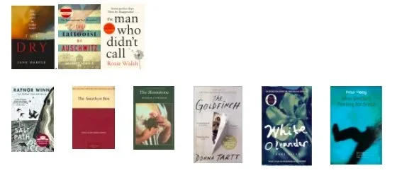 A collection of various book covers arranged in two rows, featuring titles such as 'Dry,' 'The Man Who Didn't Call,' 'The Black Death,' 'The Fauxy Job,' 'The Mosquito,' 'The Goldfinch,' 'The Wilderness,' 'The Arachne Do,' 'Zuka & Oliver,' and 'Pike Hurry.'