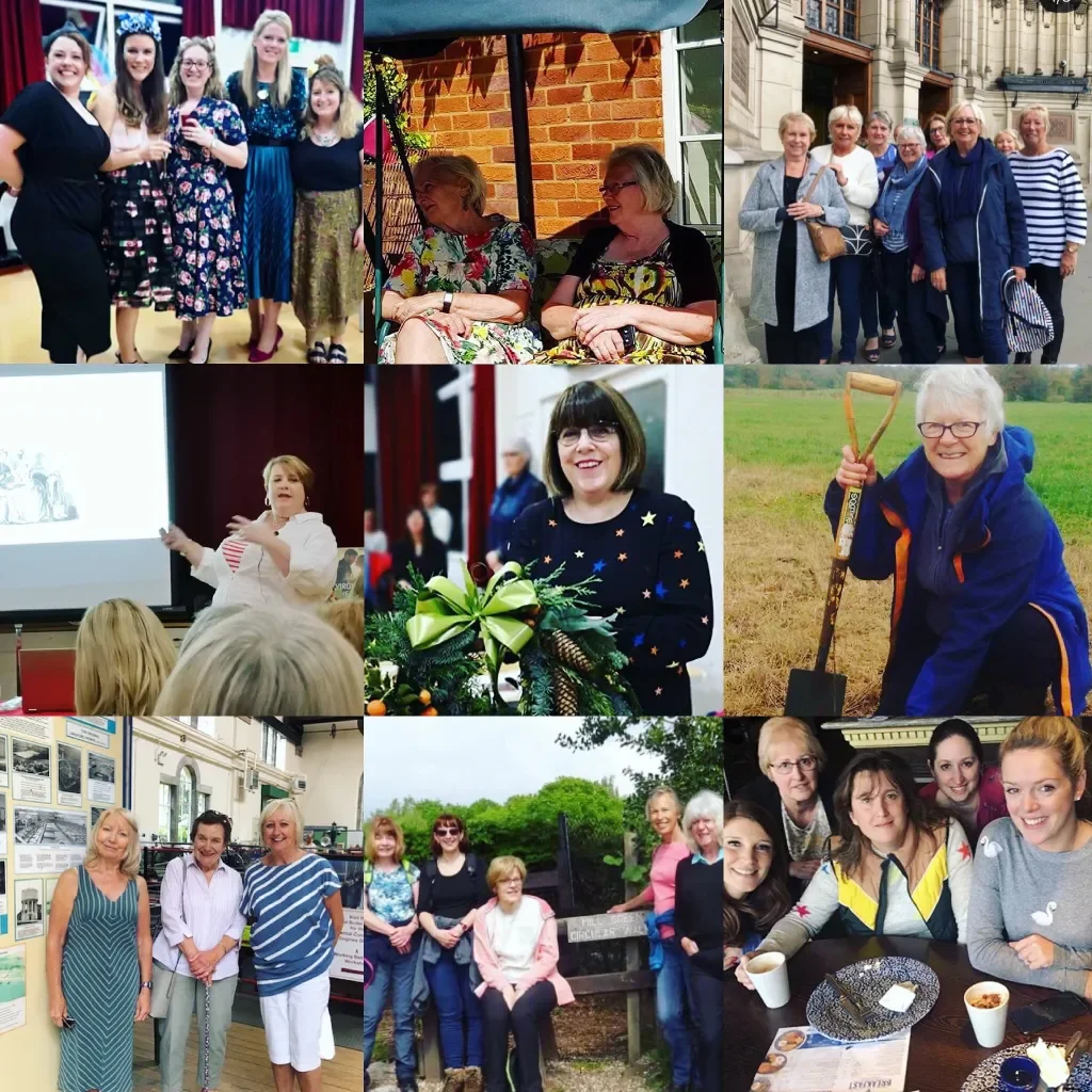 A collage of nine photos showing groups of women and possibly family members enjoying various social and outdoor activities, including a party, a presentation, a walk outdoors, and a discussion at a café.