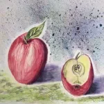 Watercolor painting of a whole red apple and a sliced apple showing the inside, with a leafy stem on the whole apple, on a grassy background with a light speckled sky.