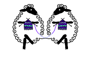Two cartoon sheep with curly wool and black faces, knitting purple scarves together.