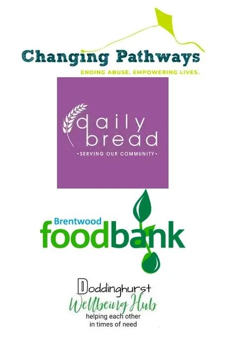A vertical banner displaying logos for Changing Pathways, Daily Bread, and Brentswood Food Bank, with text emphasizing ending abuse, empowering lives, serving the community, and helping in times of need.