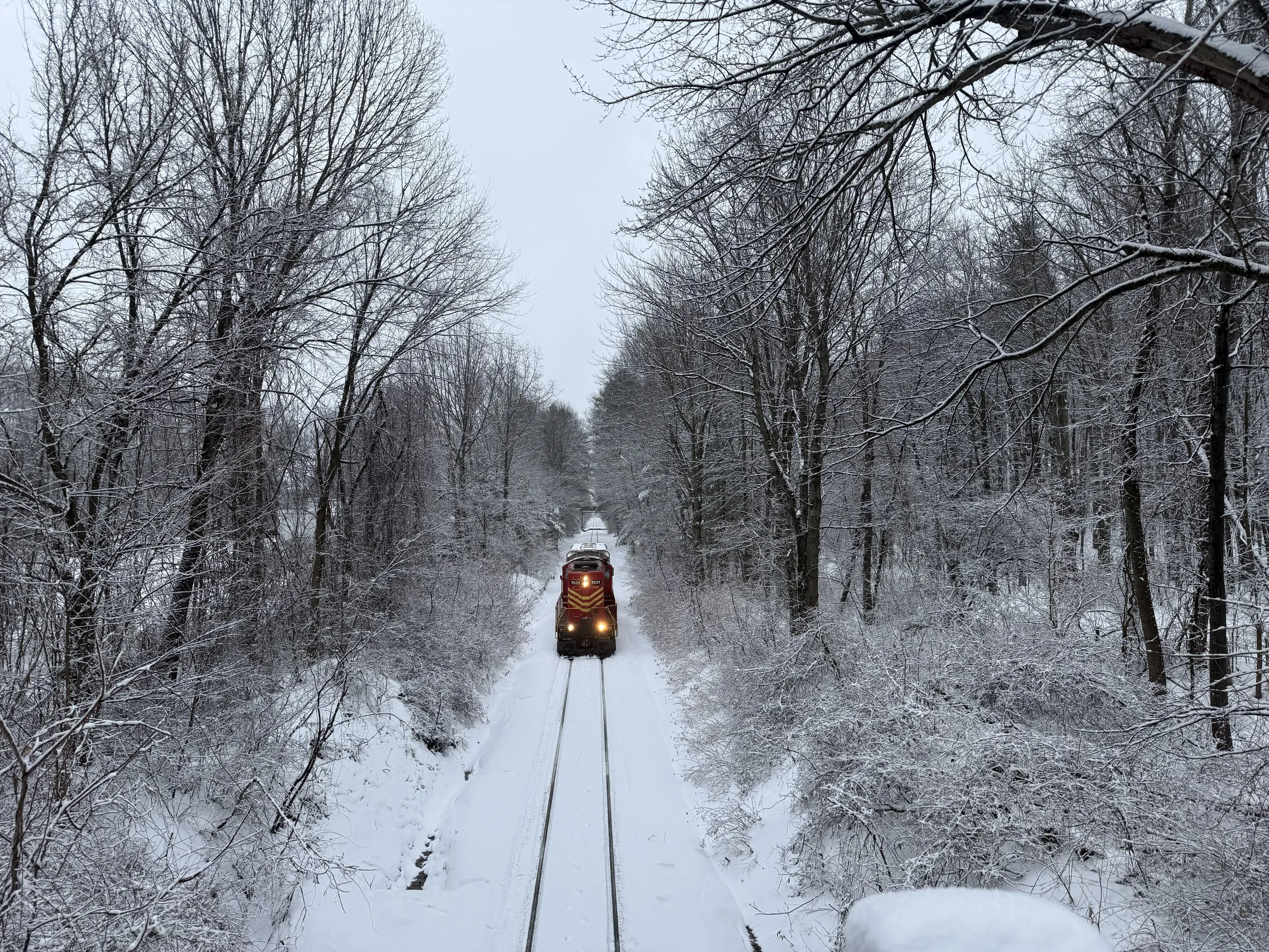 A snow-covered railway track running through a forest with leafless trees on either side. A red train is seen in the distance on the tracks.