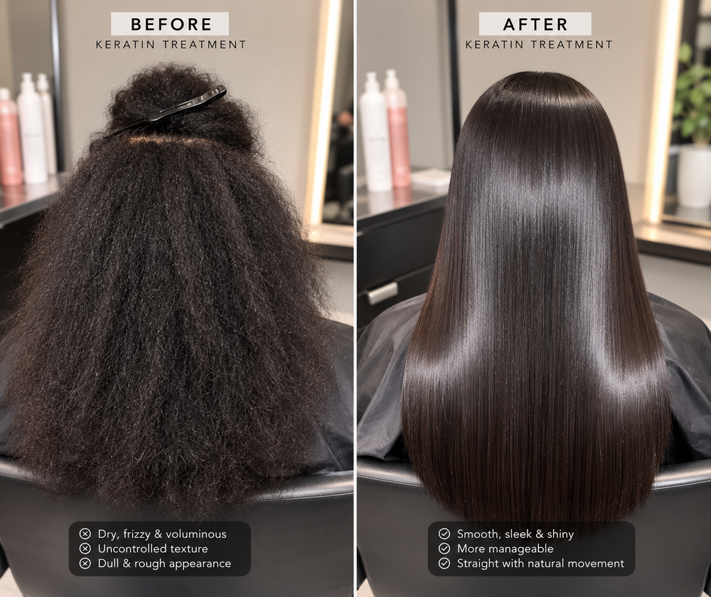 Before and after images showing a woman's hair treatment. The before side displays dry, frizzy, voluminous hair with uncontrolled texture and dull appearance. The after side shows smooth, sleek, shiny hair that is more manageable and straight with natural movement.