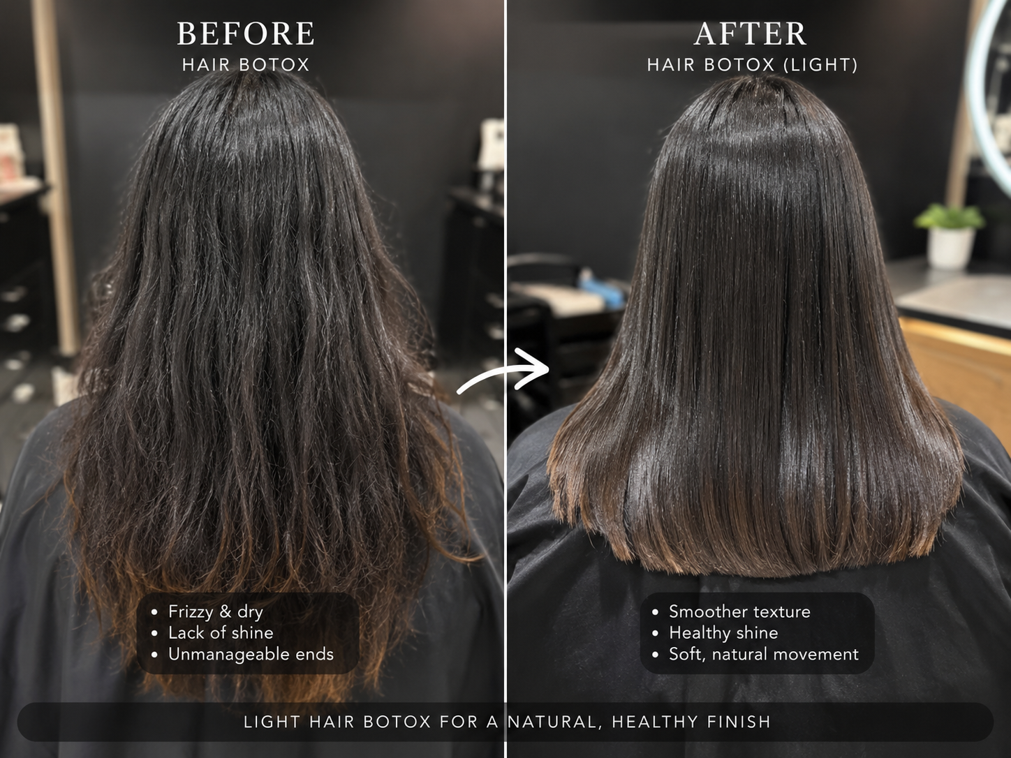 Side-by-side comparison of a woman's hair before and after light hair Botox treatment. The before photo shows frizzy, dry, unmanageable hair with lack of shine. The after photo shows smoother, shinier, healthier hair with natural movement.
