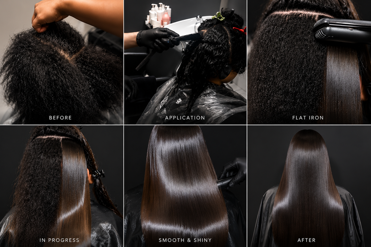 Progression of hair treatment: top left shows frizzy, curly hair before; top middle shows applying hair treatment; top right shows straightening with flat iron; bottom left shows partially straightened hair; bottom middle shows smooth, shiny hair during process; bottom right shows fully straightened, shiny hair after.