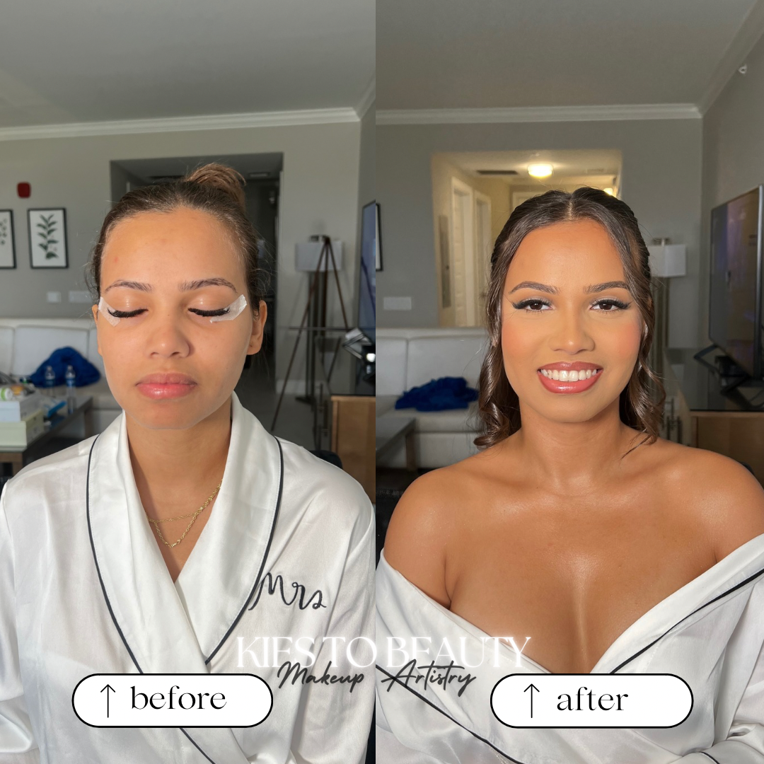 Side-by-side comparison of a woman before and after makeup application, showcasing transformation with makeup, skincare, and styling, smiling in the after photo.