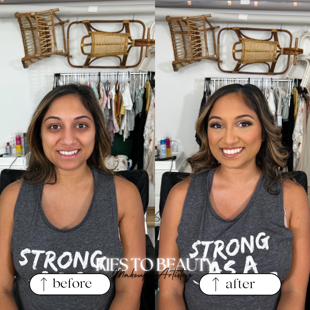 Before and after photos of a woman showing makeup transformation with wavy hair and a gray tank top that says "Strong as a". The background includes a clothing rack and wall-mounted chairs.