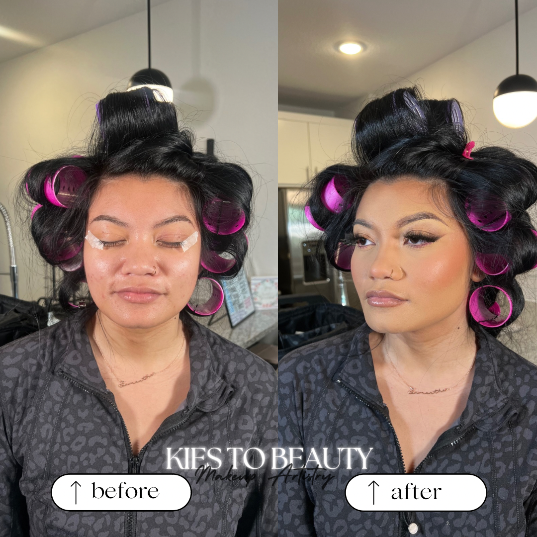 Side-by-side comparison of a woman before and after makeup application, with the woman wearing a dark patterned zip-up top and purple hair rollers.