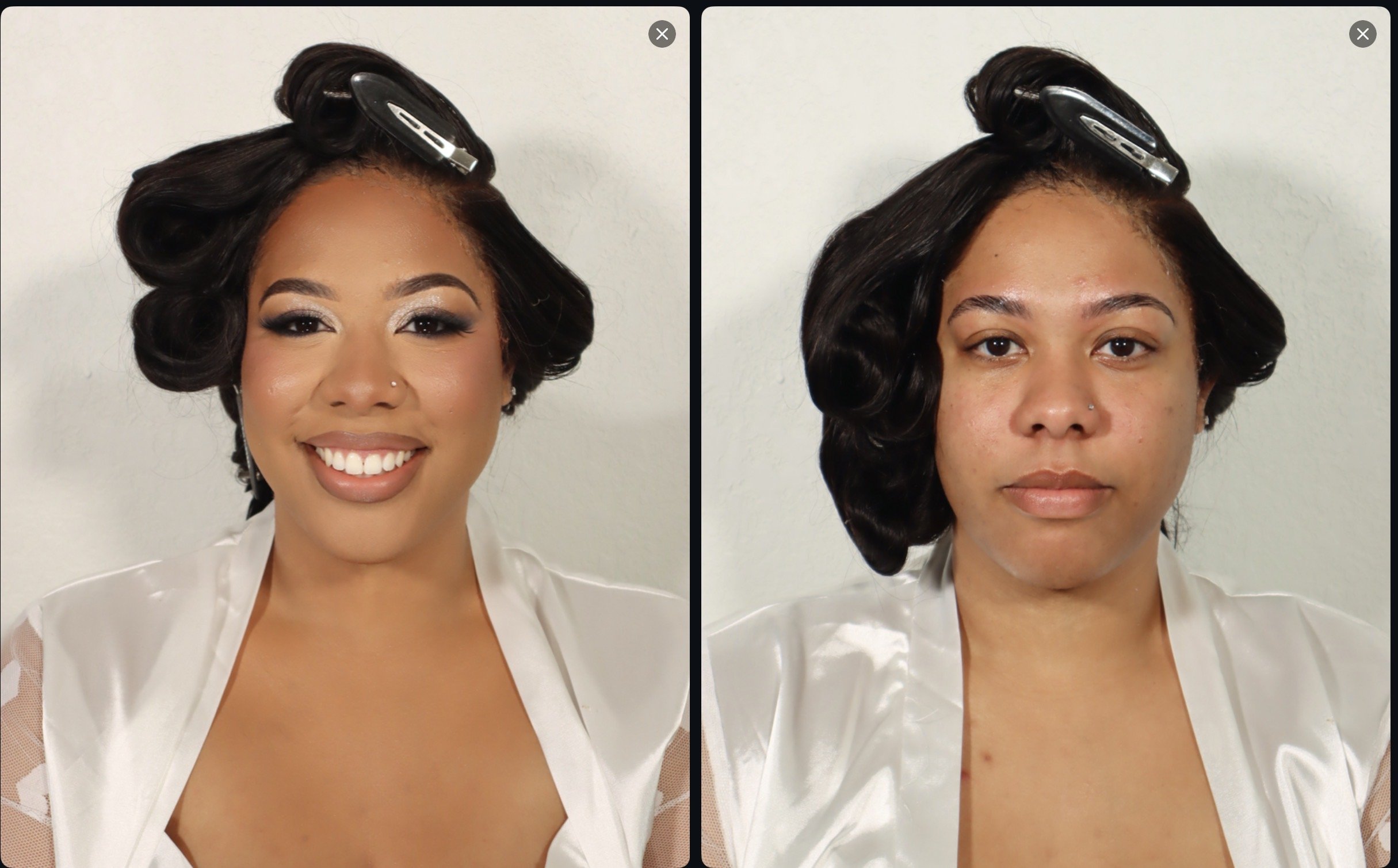 Comparison photo showing a woman before and after hair styling, with the woman smiling in the before image and with a neutral expression in the after image.