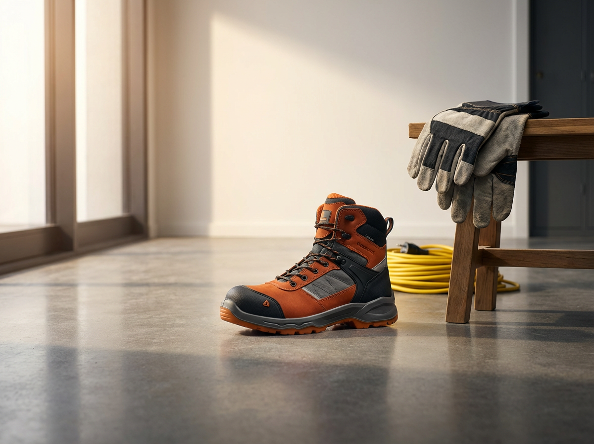 An orange and black work boot, a pair of work gloves hanging on a wooden bench, and a yellow extension cord on a concrete floor in a well-lit room.