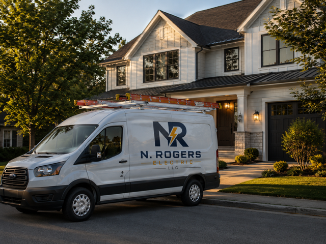 A white N. Rogers Electric LLC service van parked in front of a suburban house with a white exterior, black roof, and well-maintained lawn, during early evening.