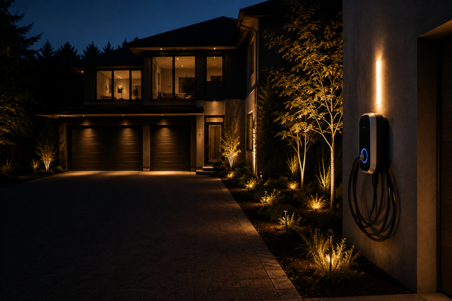 Night view of a modern house with illuminated windows and a driveway, featuring an electric vehicle charging station mounted on the exterior wall.