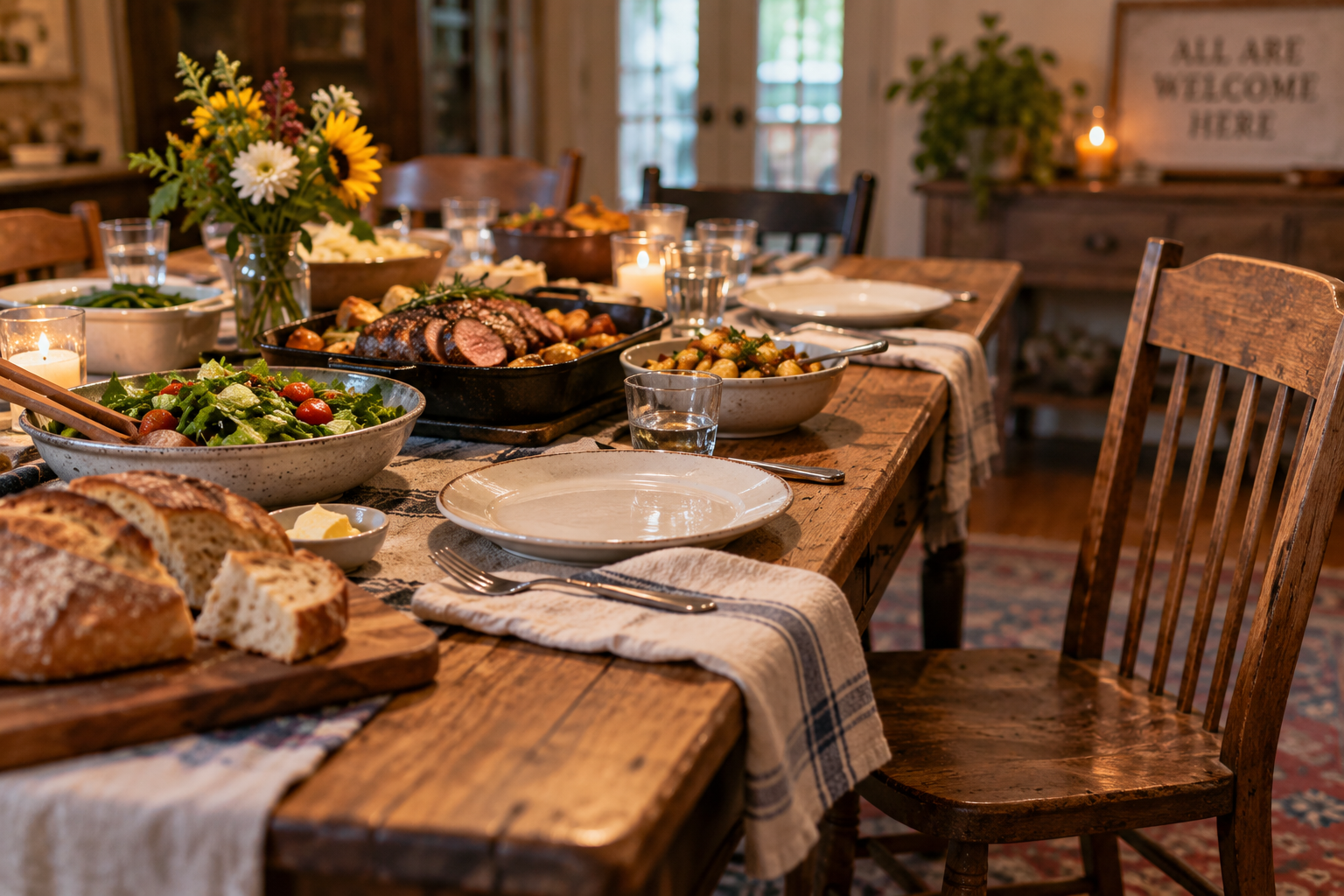 A shared table set with meat, bread, vegetables and other dishes, reflecting food, hospitality and community.