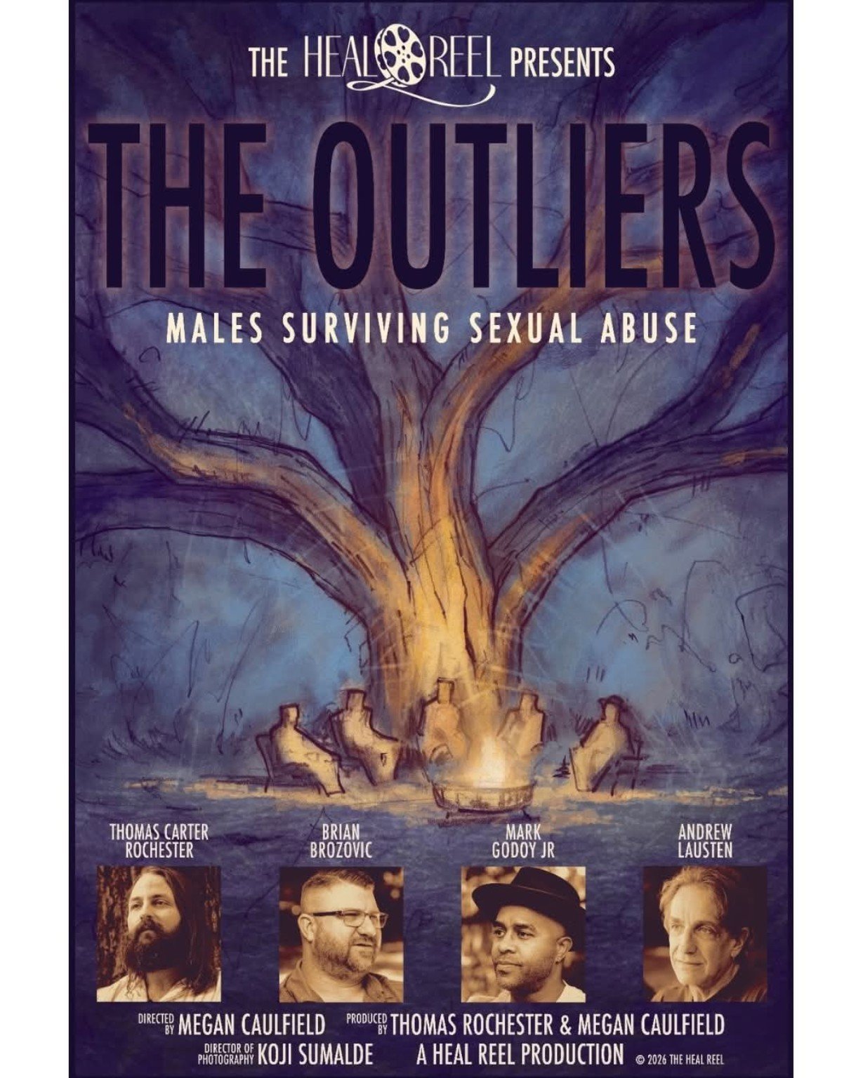 The Outliers documentary artwork featuring male survivors of childhood sexual abuse.