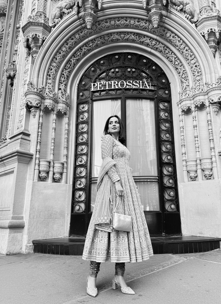 Black-and-white portrait of Minnie Romanovich wearing a Gopi Vaid anarkali suit in front of the ornate entrance to the historic Petrossian building in Manhattan