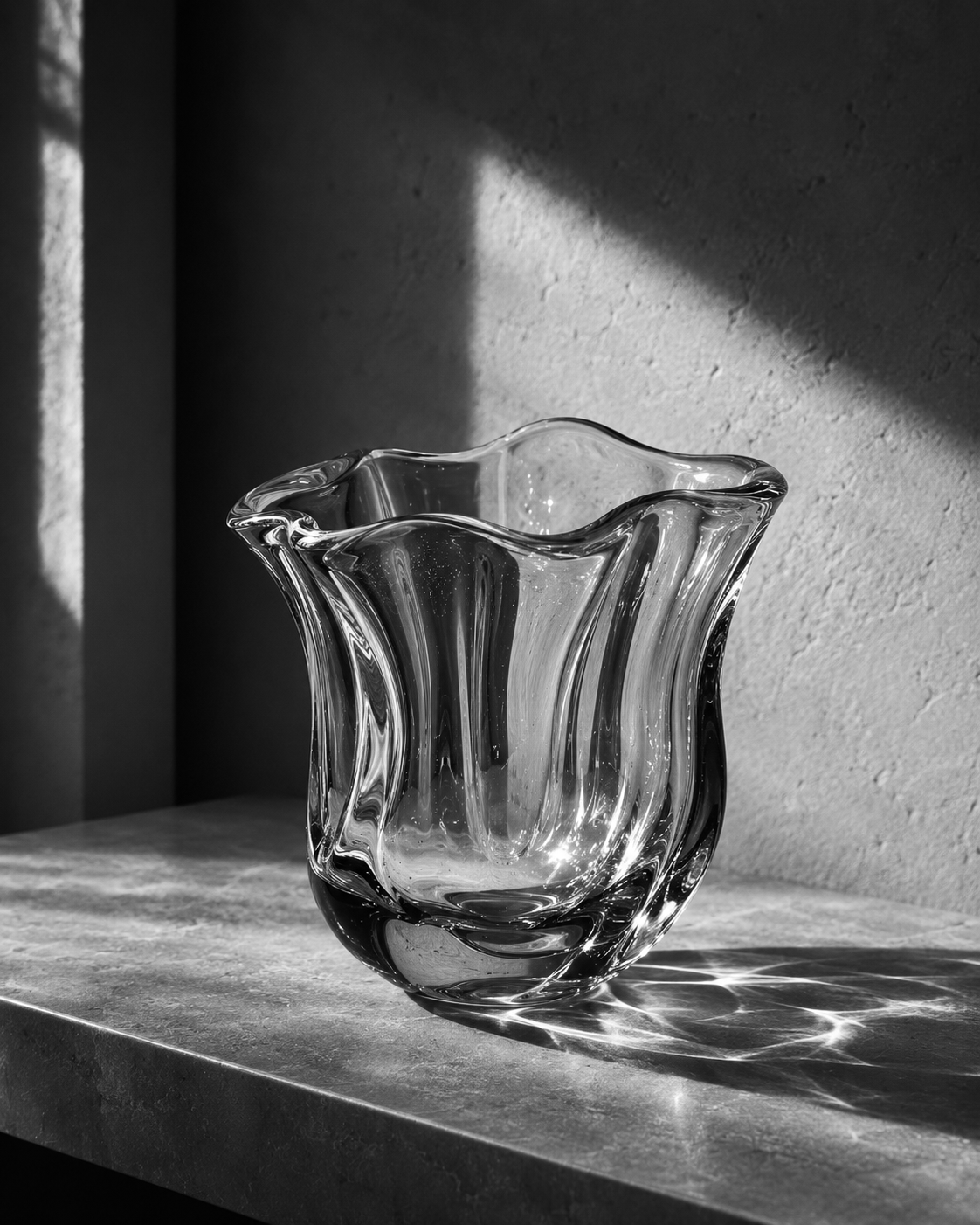 Black-and-white photograph of a sculptural glass vase illuminated by sunlight and shadow
