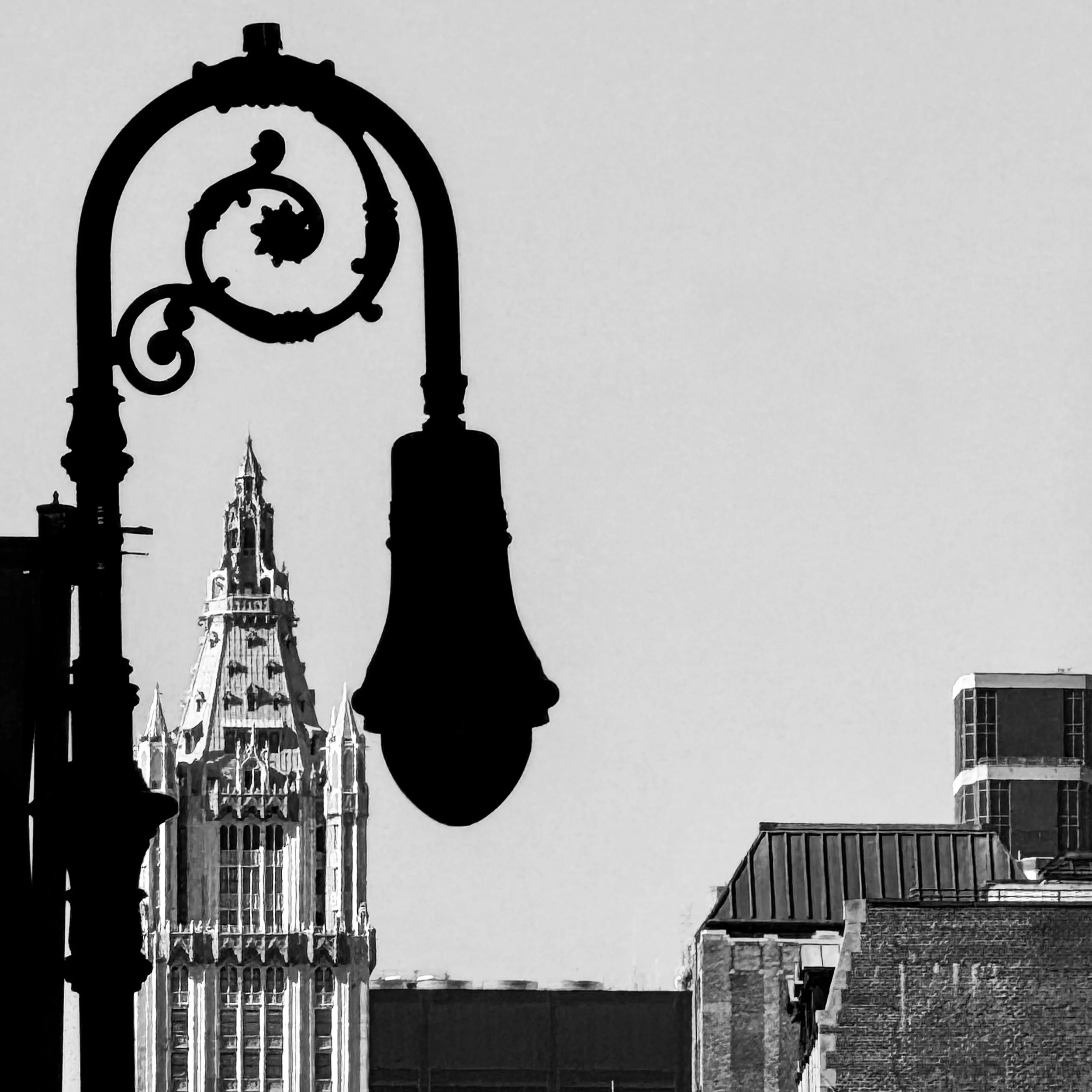 Black-and-white photograph of the Woolworth Building framed by the silhouette of an ornate street lamp and Lower Manhattan rooftops