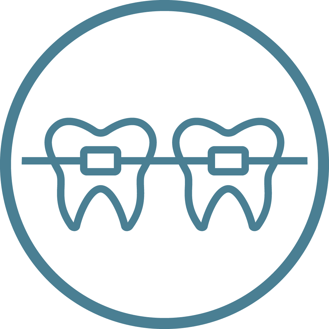 Symbol von zwei Zähnen mit Brackets gehalten von einer Drahtspange