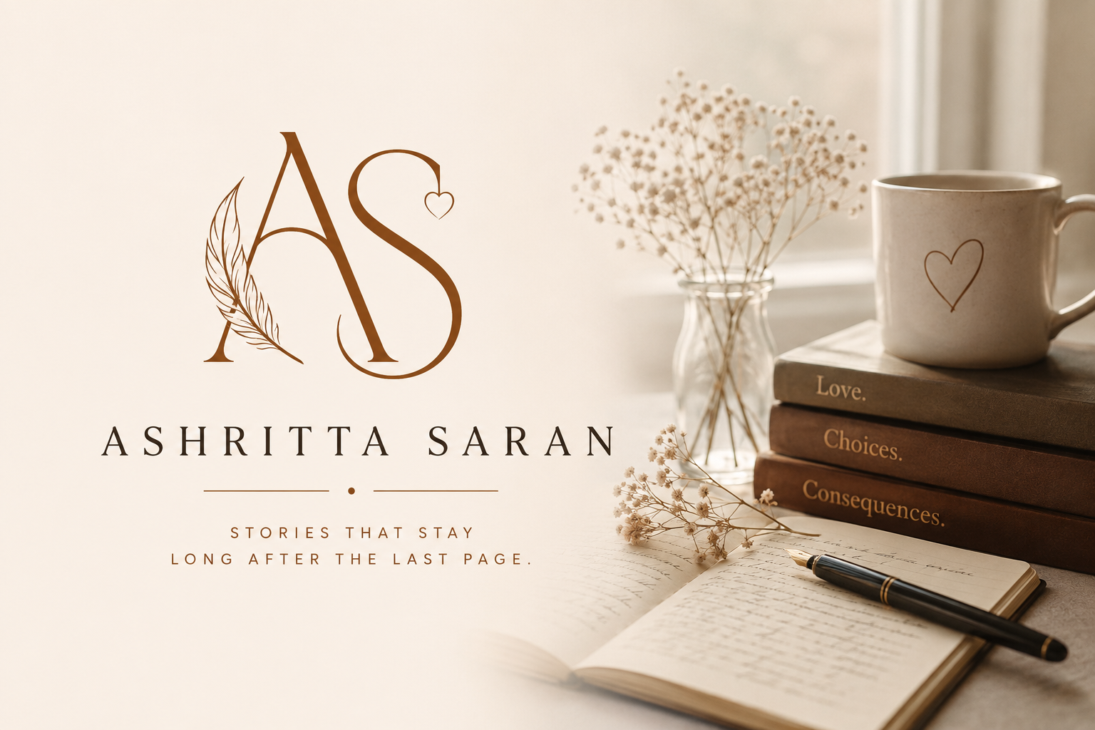 Book cover featuring the title "A's" by Ashritta Saran with a subtitle "Stories that stay long after the last page." The background shows a cozy setting with a white mug with a heart, a stack of three books labeled "Love," "Choices," and "Consequences," a vase with dried flowers, an open journal, and a pen.