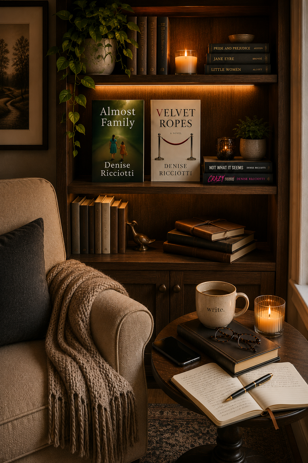 A cozy reading nook featuring a beige armchair with a dark pillow and a chunky knit throw blanket. A small round wooden table holds a cup labeled "write," an open notebook, a closed book, a smartphone, and a pair of glasses. In the background, a wooden bookshelf displays books, a potted plant, a candle, and decorative objects, illuminated by warm lighting.