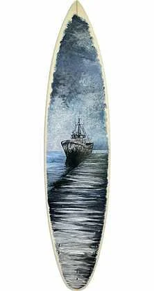 Richard Mothes, Between Sea and Shore · Acrylic on reclaimed surfboard, 66 × 24 in. · $6,500
