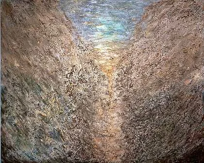 Christine Matthäi, The Path · Acrylic, gold leaf, molding paste, pebble stones and sand, 48 × 60 in. · $15,000