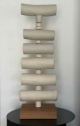 Serina Mayer, Articulating Tubes Assembly · White stoneware, copper pipe and walnut base, 28 × 9 × 8 in. · $4,700