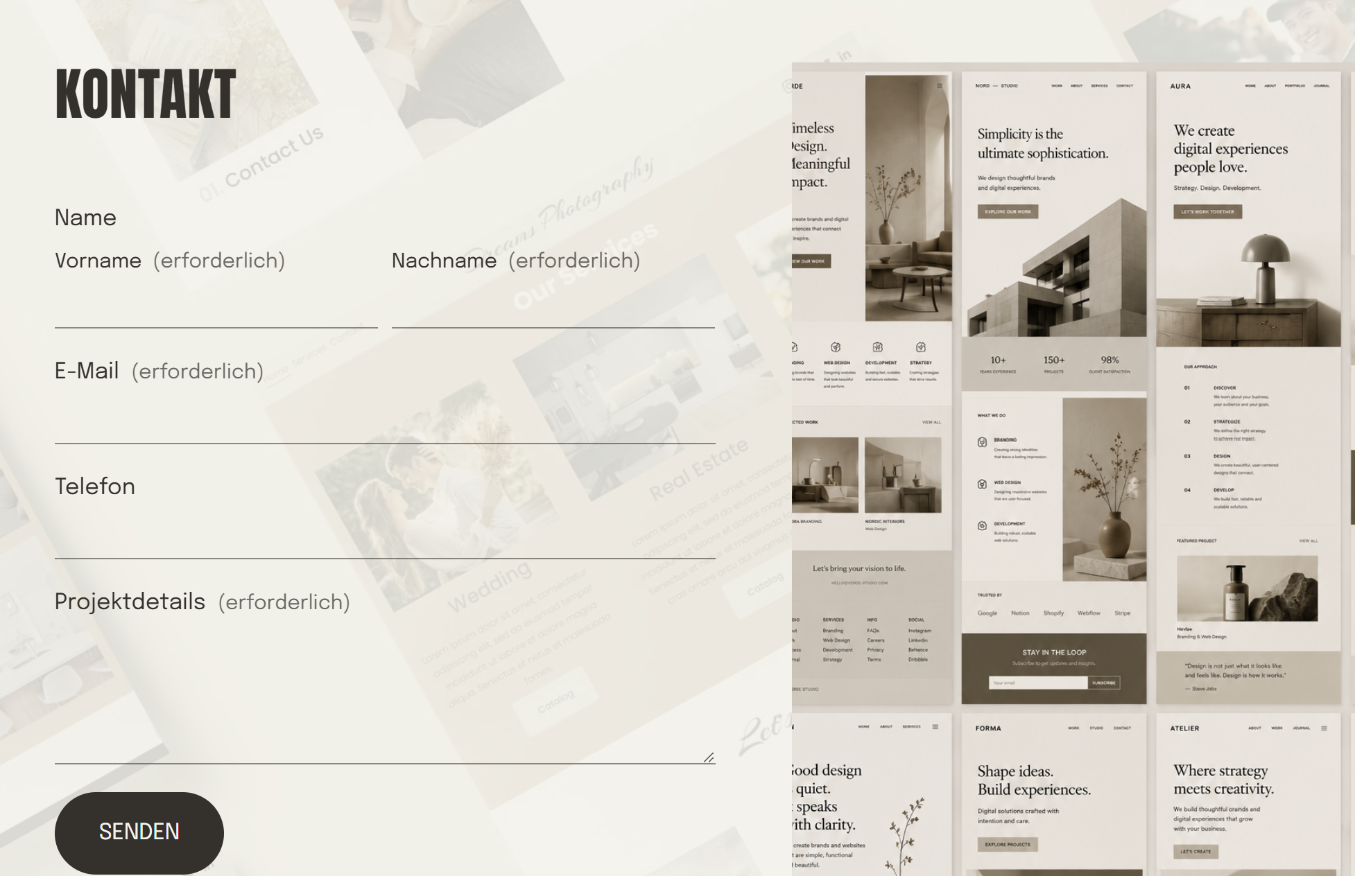 Ein Kontaktformular mit Feldern für Name, Vorname, Nachname, E-Mail, Telefonnummer und Projektdetails auf einer Webseite. Rechts daneben sind mehrere Webseiten-Screenshots im monochromen Design zu sehen.