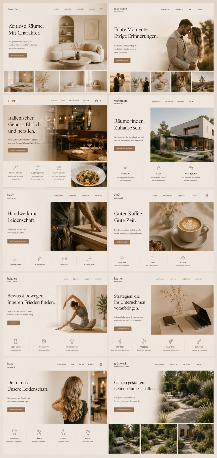 Mehrere Webseiten-Layouts, die unterschiedlich gestaltete Bilder, Überschriften und Menüoptionen zeigen, darunter Innenarchitektur, Hochzeitsfotografie, italienischer Genuss, Immobilien, Handwerkskunst, Kaffee, Yoga, Beratung, Haar- und Gartengestaltung.