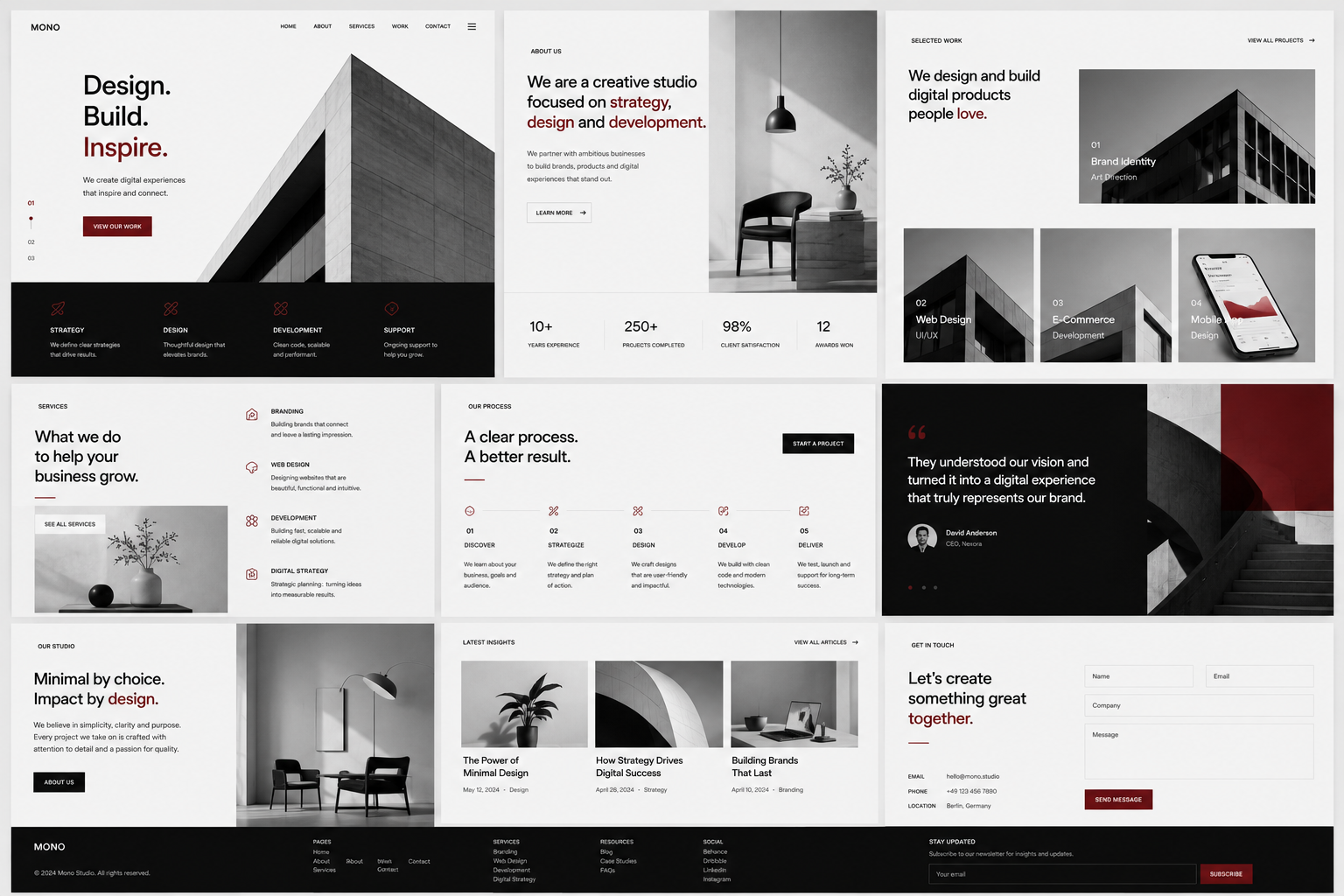 Screenshot einer modernen Website für ein Designstudio. Enthält Abschnitte über Dienstleistungen, Projektgalerien, Kundenmeinungen und Kontaktinformationen, überwiegend in Schwarz, Weiß und Rot gehalten.