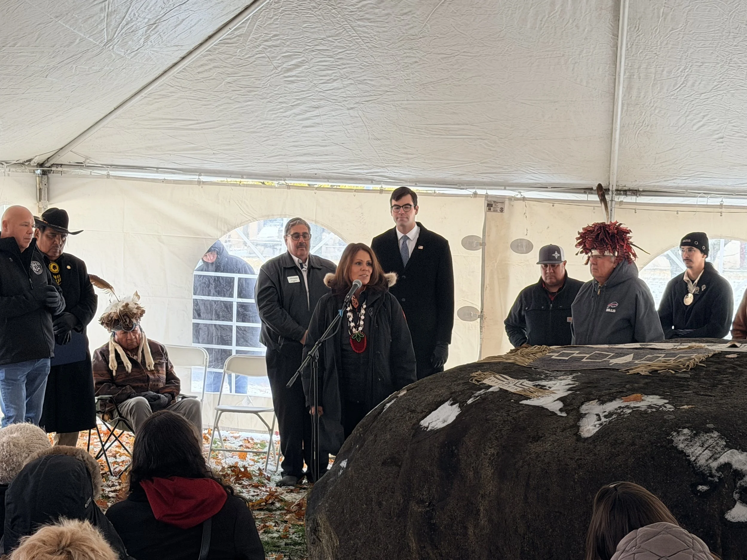 Odie at Treaty Rock in Canandaigua, speaking with the Haudenosaunee chiefs in defense of the Treaty of 1794. 
