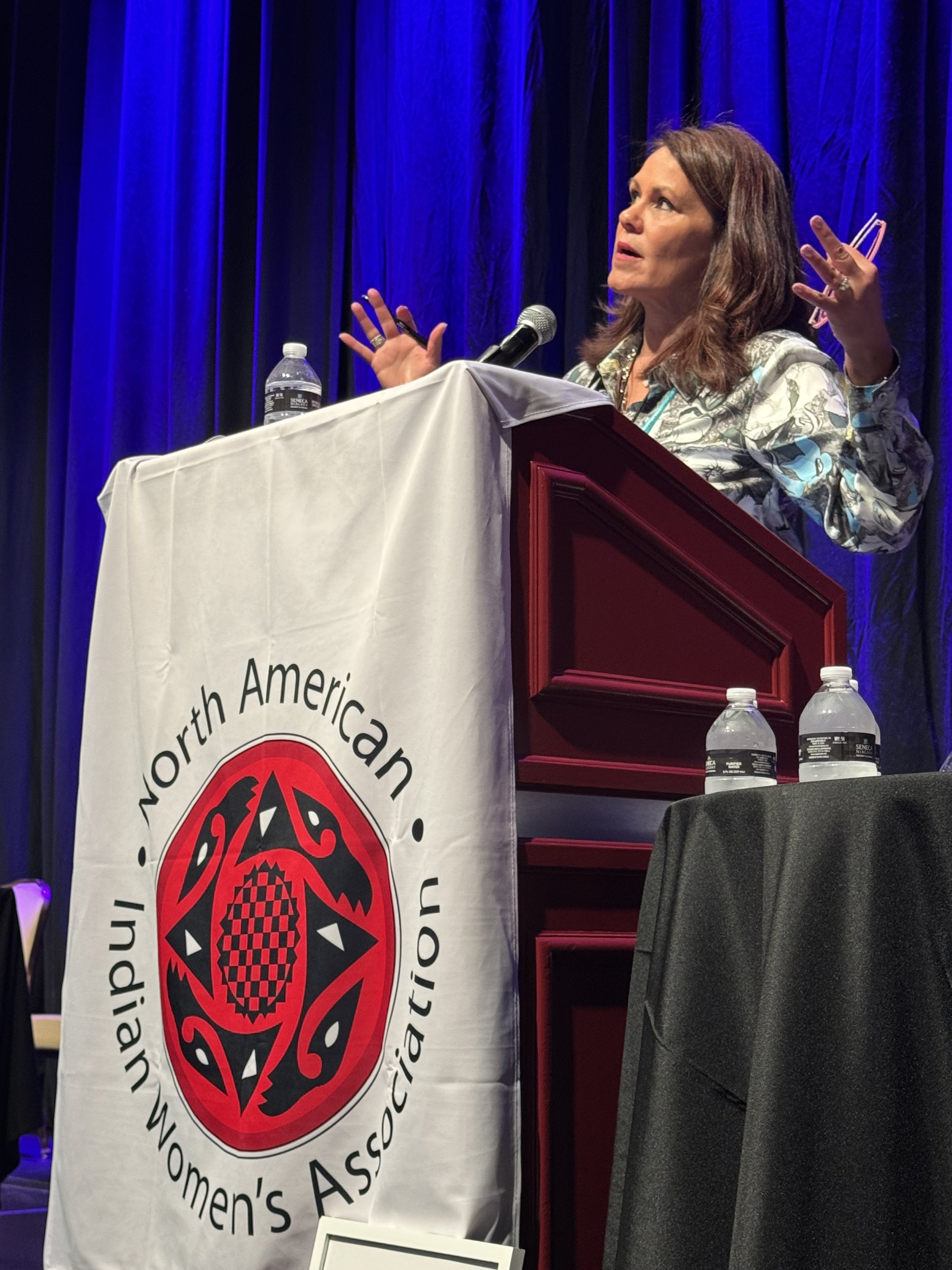 A woman speaking at a podium during a conference, with a North American Women's Association banner hanging in front of the podium, and two water bottles placed on the table near the podium. The background features dark blue curtains.