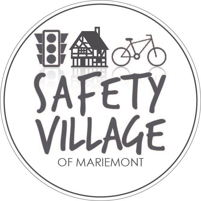 Logo for Safety Village of Mariemont featuring traffic signal, house, and bicycle icons with text.