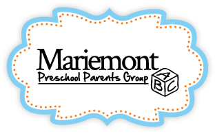 Mariemont Preschool Parents Group logo with a decorative cloud shape, black text, and a small alphabet block illustration.