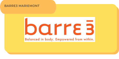 Barre image with the text 'barre 3, Balanced in body. Empowered from within.' on a yellow and orange background.